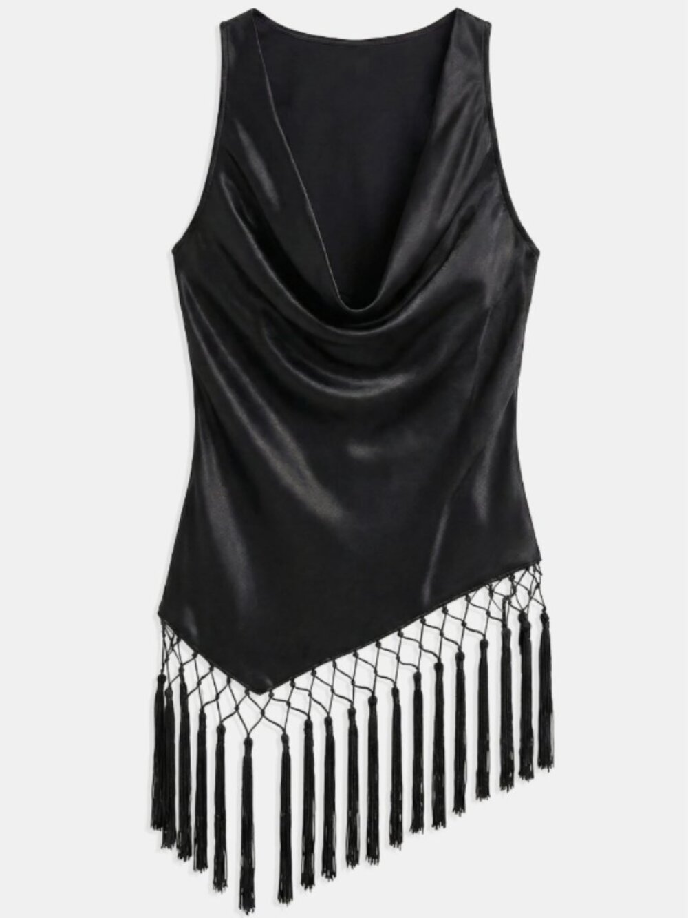 BOA Satin Cowl Neck Tassel Hem Top